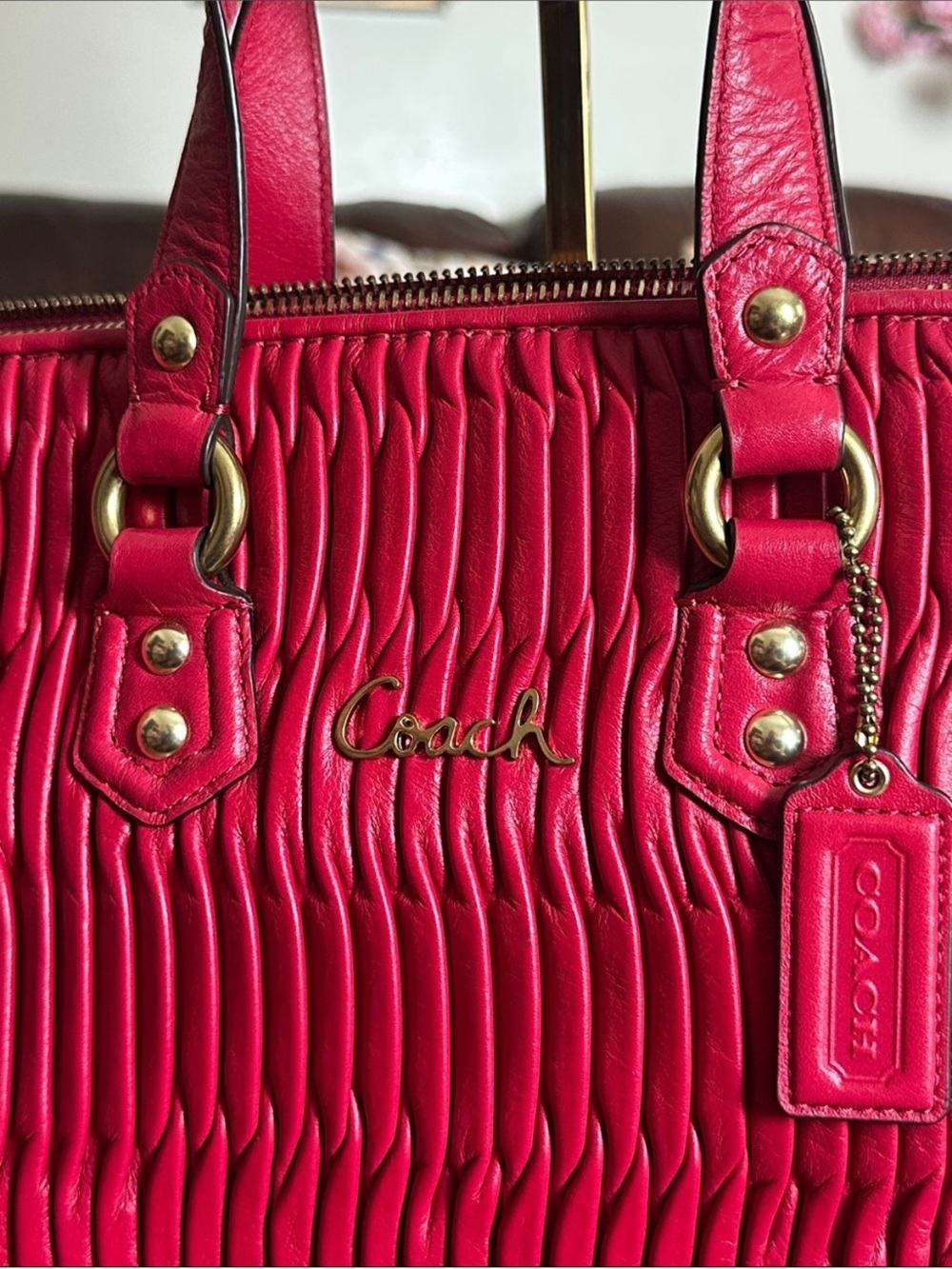 Coach Ashley Gathered Leather Satchel Bag Raspberry Pink F23966 - Picture 12 of 13